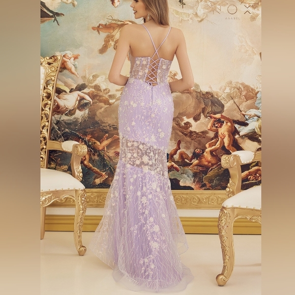 New long purple lilac floral embellished floor length sleeveless lace up open - Picture 7 of 10